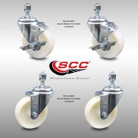 Service Caster 4 Inch SS Nylon Wheel Swivel 1/2 Inch Threaded Stem Caster Brakes SCC, 2PK SCC-SSTS20S414-NYS-121315-2-TLB-2